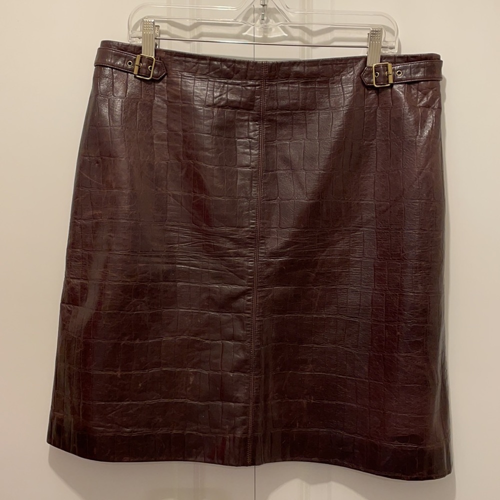 Worth Brown Leather Skirt, Reptile-Embossed